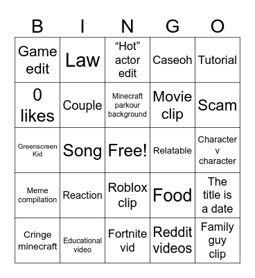 YouTube shorts Bingo Card