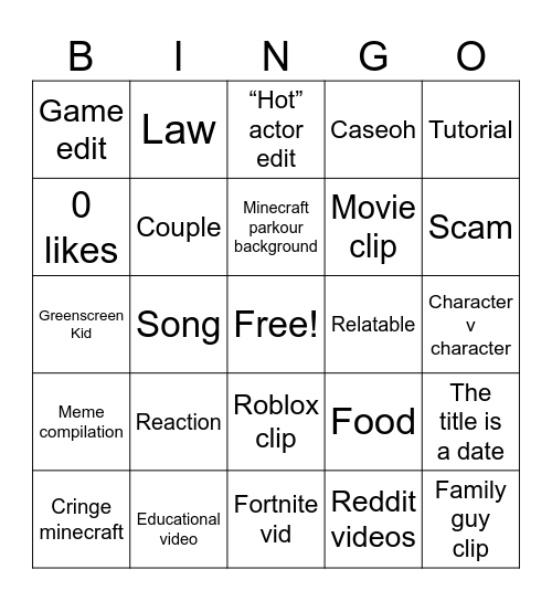 YouTube shorts Bingo Card