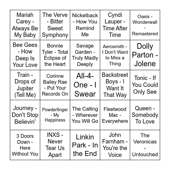 Ballads Bingo Card