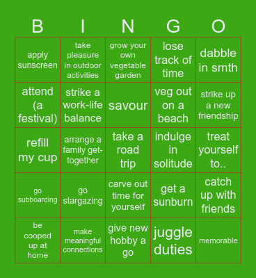 My summer Bingo Card