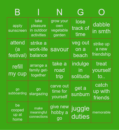 My summer Bingo Card