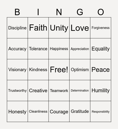 Value Bingo Card