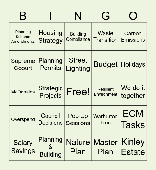 Planning & Sustainable Futures Bingo Card