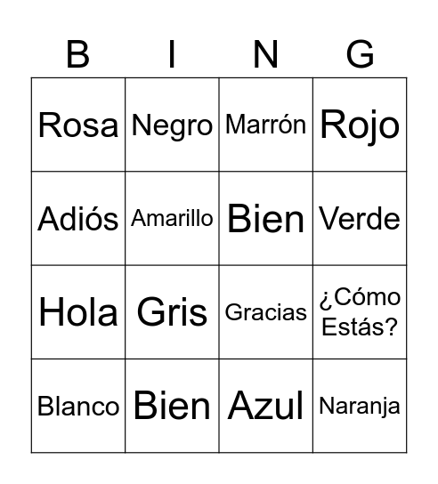 Greetings and colors Bingo Card