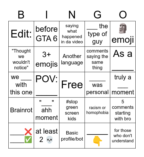 Youtube Shorts Comments Bingo Card