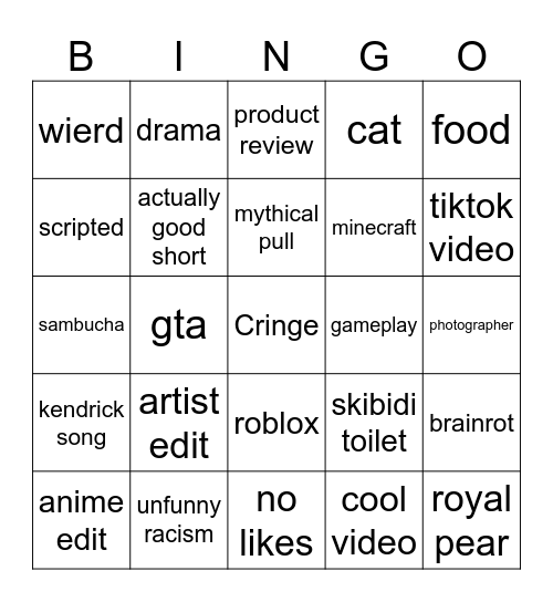 Youtube shorts Bingo Card