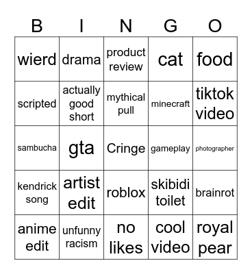 Youtube shorts Bingo Card