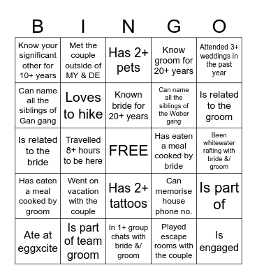 Wedding Bingo Card