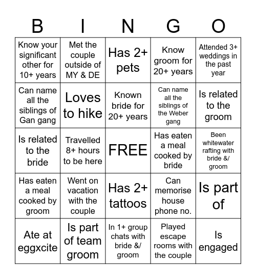 Wedding Bingo Card