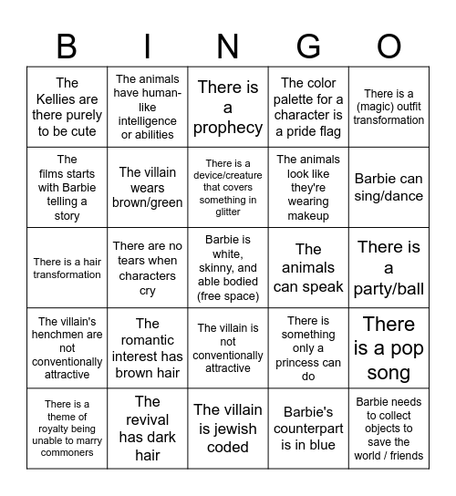 Barbie Movie Bingo Card