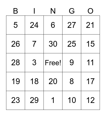 French Numbers Bingo Card