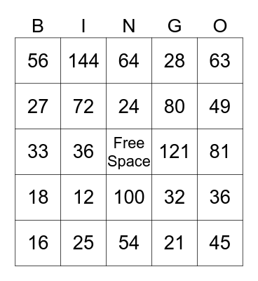 Multiplication Bingo Card