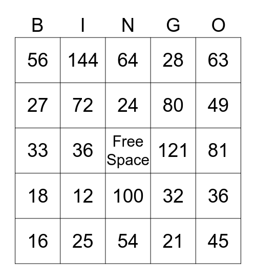 Multiplication Bingo Card