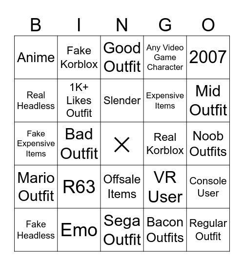 Roblox Bingo Card