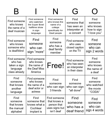 Sign Language 1st class Bingo Card