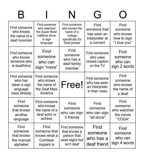 Sign Language 1st class Bingo Card