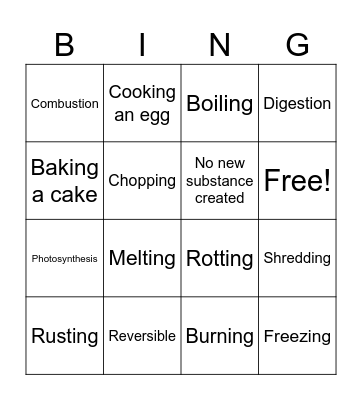 Physical and Chemical Changes Bingo Card