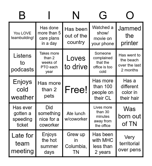 Workplace Bingo Card