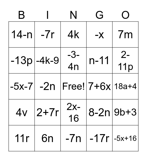 Combining Like Terms! Bingo Card