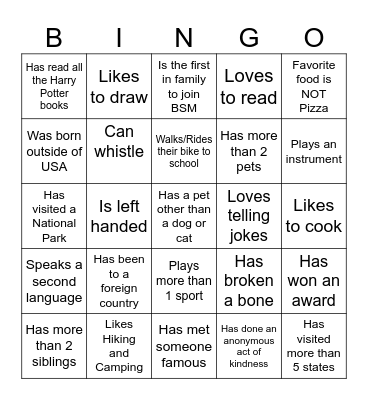 Middle School Bingo Card