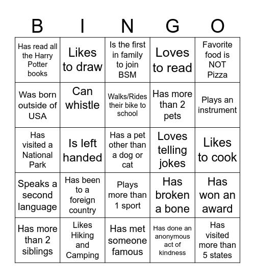 Middle School Bingo Card