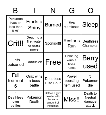 Nuzlocke Bingo Card