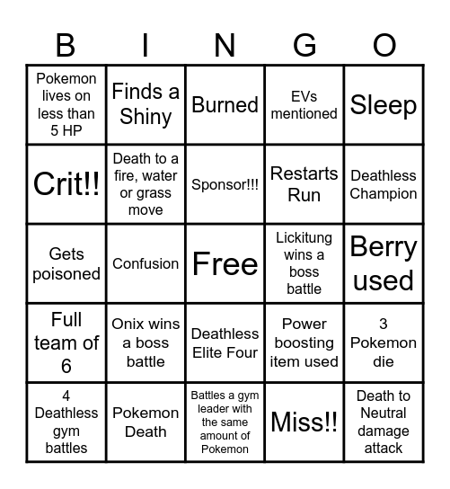 Nuzlocke Bingo Card