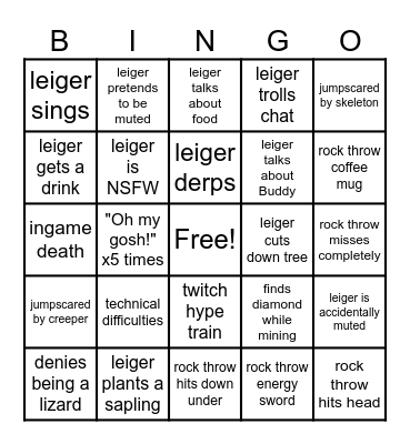Leiger's Minecraft Stream Bingo Card