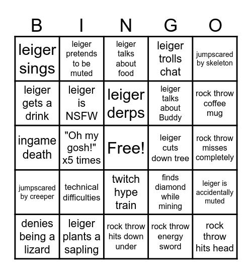 Leiger's Minecraft Stream Bingo Card