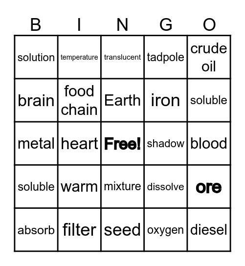 P3 SCIENCE VOCABULARY BINGO Card