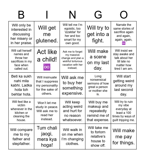 Predictable Behaviour of a Narcissistic & Abusive Mother Bingo Card