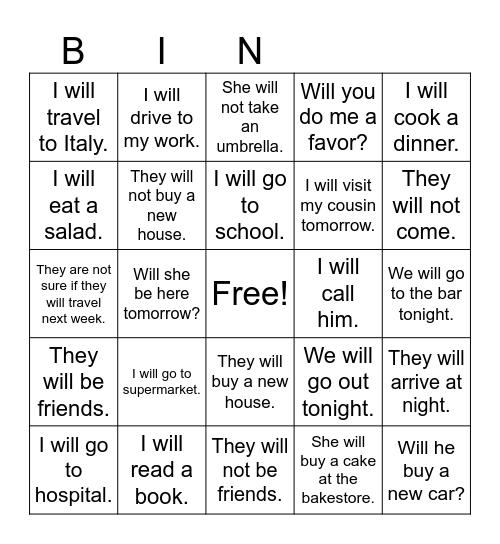 Future Simple Bingo Card