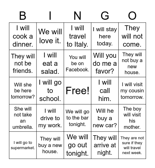 Future Simple Bingo Card