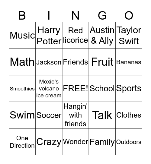 Taylor's Totally Twisted Bingo Card