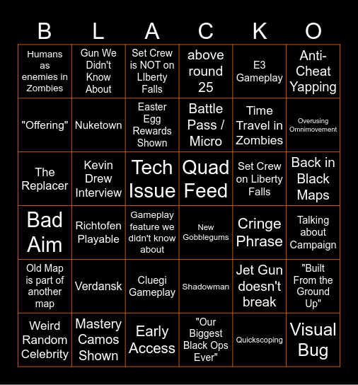 COD NEXT Bingo Card