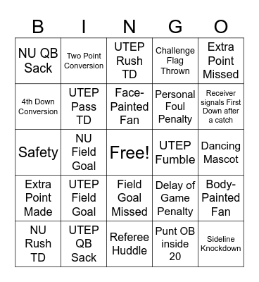 Game Day Bingo Card