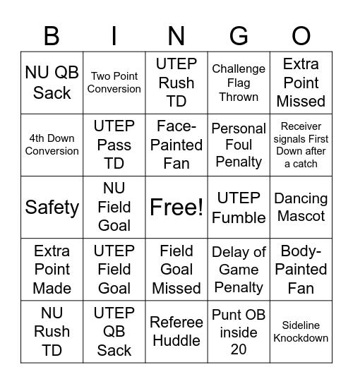 Game Day Bingo Card