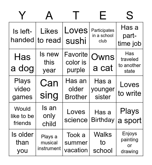 Name Bingo. Students must talk to their classmates to find someone who matches each description and fill in their bingo card. Bingo Card