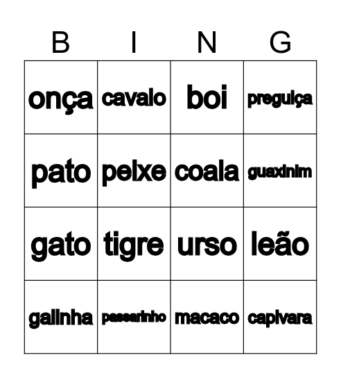 animais Bingo Card