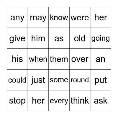 Sight Words Bingo Card