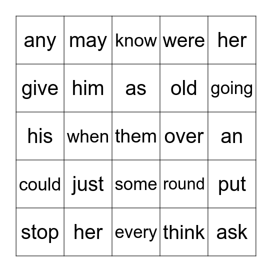Sight Words Bingo Card