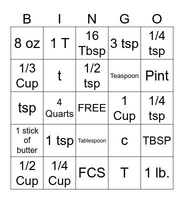 Cooking Measurement Bingo Card