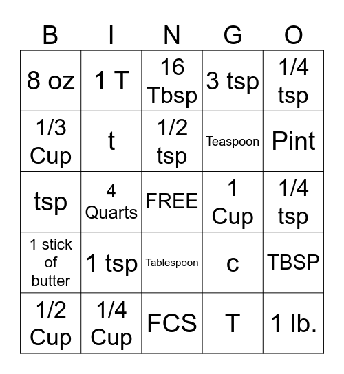 Cooking Measurement Bingo Card