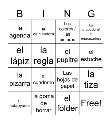 El material escolar Bingo Card
