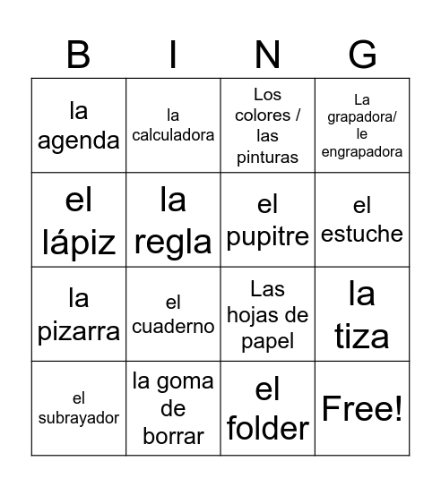 El material escolar Bingo Card