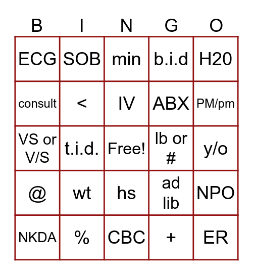 Chapter 1 - Symbols and Abbreviations Bingo Card