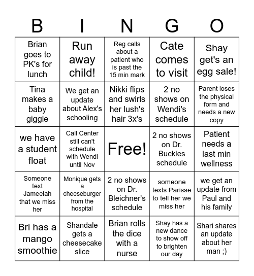 Pediatric Bingo Card