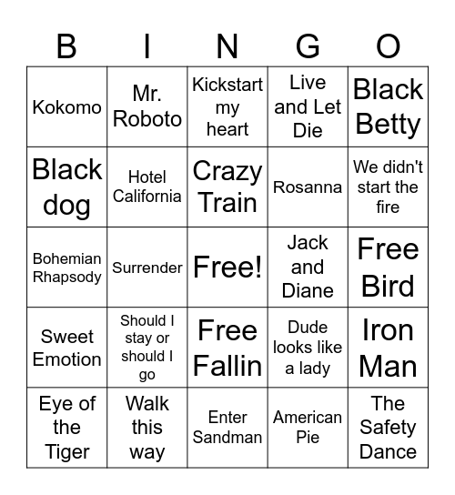 Classic Rock Bingo Card