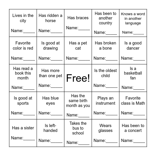 Classmate Bingo! Bingo Card