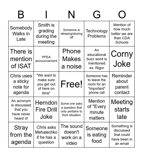 PFHS Staff Bingo Card